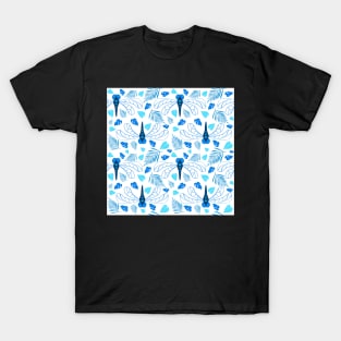 Bright Blue Dragonfly and Leaf Pattern on White T-Shirt